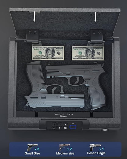 Gun Safe,Biometric Gun Safe for Pistols 3-Ways unlock Fingerprint Digital PIN Key Unlock with Sound, Lock box for Cloakroom living room Bedroom Nightstand and Car BILLCONCH