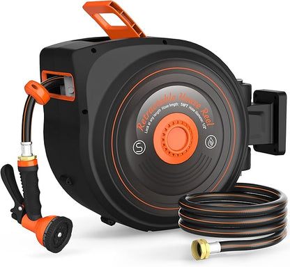 Retractable Garden Hose Reel 1/2 in x 50 ft, Auto-Rewind & Any Length Lock, 180° Swivel Heavy Duty Hose Reel Wall Mount for Outside, 10 Spray Patterns, UV-Resistant