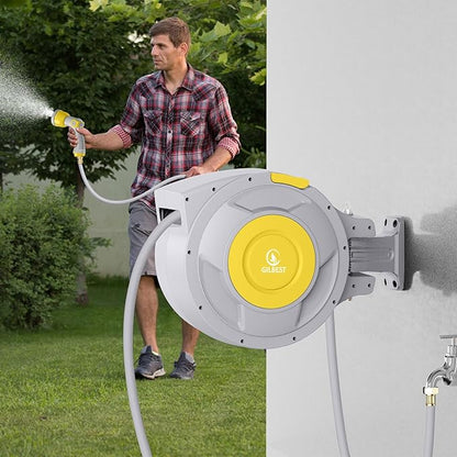 130 ft x 1/2" Retractable Garden Hose Reel, Heavy Duty Water Hose Reel Wall Mounted, Any Length Lock, 180°Swivel, Water Hose with 10-Function Nozzle for Cleaning, Watering (Yellow)