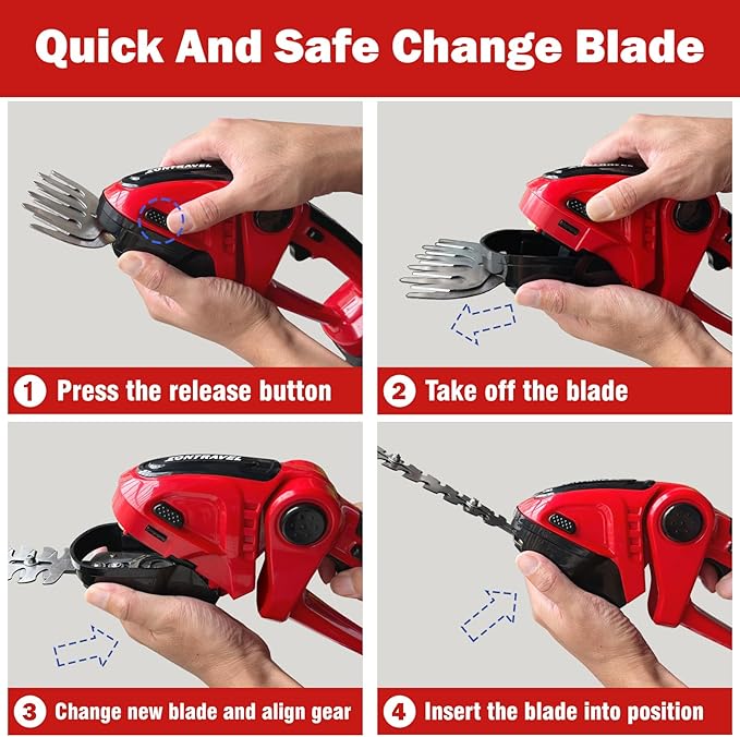 Cordless Hedge Trimmer & Grass Shears - 24V Electric Shrub Trimmer Grass Shears Handheld Grass Cutter, Hedge Shear with 2 PCS Rechargeable Battery, Charger and Toolbox to for Garden, Lawn, Red