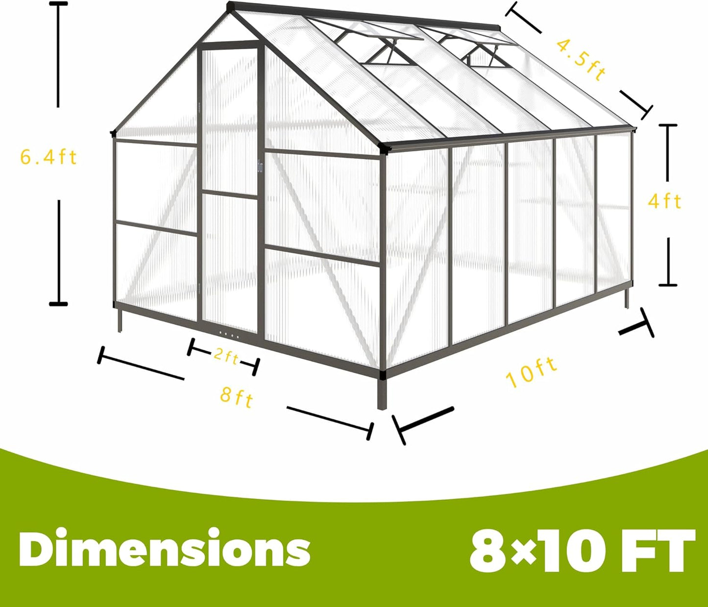 8x10 FT Greenhouses for Outdoors, Polycarbonate Greenhouse with PC Panels, Greenhouses for Outdoors for Yard, Garden, Hobby, Dark Grey