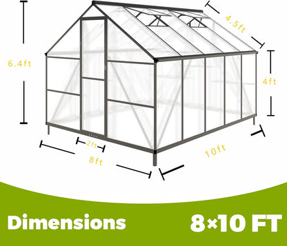 8x10 FT Greenhouses for Outdoors, Polycarbonate Greenhouse with PC Panels, Greenhouses for Outdoors for Yard, Garden, Hobby, Dark Grey
