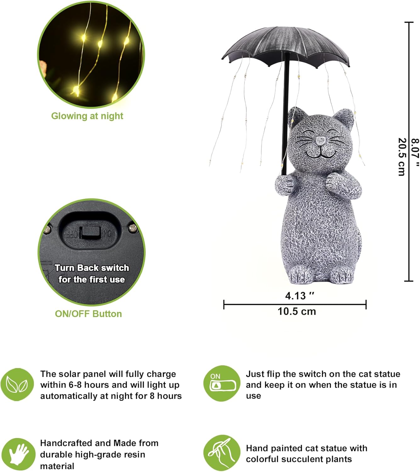 Nacome Solar Cat Garden Statues Outdoor Decor: Holding Umbrella with String Lights Patio Yard Lawn Outside Decorations - Birthday Gifts for Mom Grandma Women Sister(Grey)