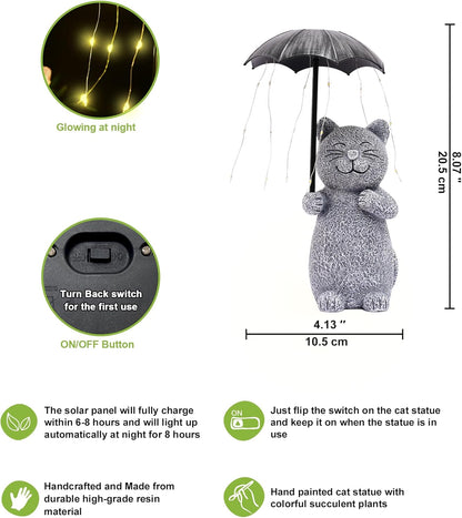 Nacome Solar Cat Garden Statues Outdoor Decor: Holding Umbrella with String Lights Patio Yard Lawn Outside Decorations - Birthday Gifts for Mom Grandma Women Sister(Grey)