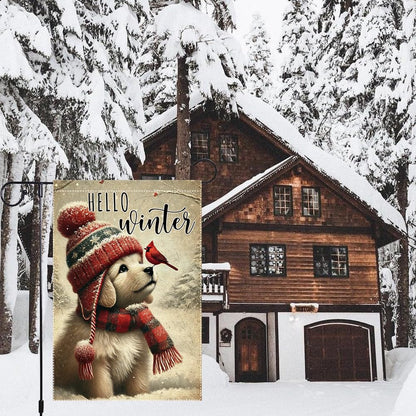 Hello Winter Dog Garden Flag 12x18 Vertical Double Sided Cardinal Bird Snow Christmas Holiday Outside Decorations Burlap Yard Flags