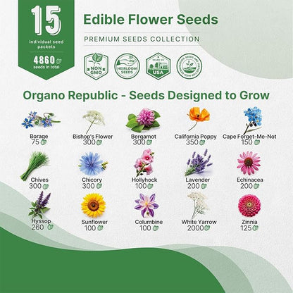 Organo Republic 15 Edible Flower Seeds Variety Pack- Indoor/Outdoor. 4800+ Non-GMO Heirloom Flower: Borage, Bishop's Flower, Chicory, Chives, Hyssop, Echinacea, Lavender Seeds & More