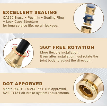 3/8" Quick Push to Connect Fittings Brass Union Straight Joint DOT Approved 3/8 inch tube OD Air Line Adapter Air Spring Suspension Kit for Car Truck Trailers and Air Brake System 5pcs