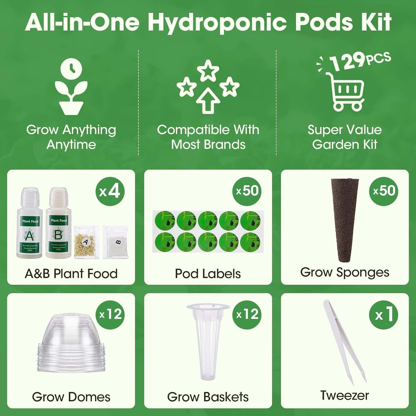 129Pcs Hydroponic Pods Kit with A&B Plant Food, Hydroponic Pods with 50 Grow Sponges, 50 Plant Labels,12 Grow Baskets, 12 Grow Domes and 1 Tweezers - Compatible with Aerogarden Grow Anything Herb Kits