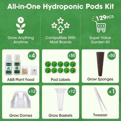 129Pcs Hydroponic Pods Kit with A&B Plant Food, Hydroponic Pods with 50 Grow Sponges, 50 Plant Labels,12 Grow Baskets, 12 Grow Domes and 1 Tweezers - Compatible with Aerogarden Grow Anything Herb Kits