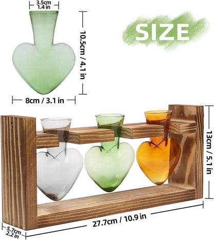 Plant Terrarium Propagation Stations Hydroponics Home Garden Decoration Gift for Women with Wooden Stand Heart Shaped Colored Glass Vase