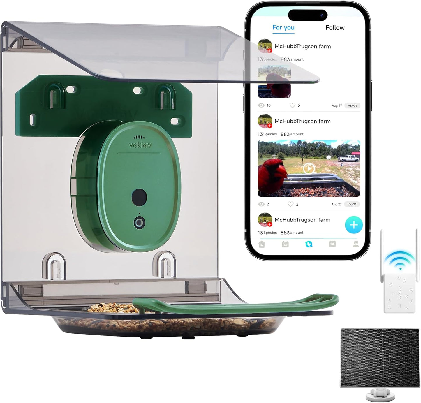 Smart Bird Feeder with Camera Solar Powered,2K HD Video Live Stream,AI Identify Birds Species,Link via Signal Transmitter,5MP Photos,Instant Arrival Alerts,Motion Detect,Elderly-Friendly,Green