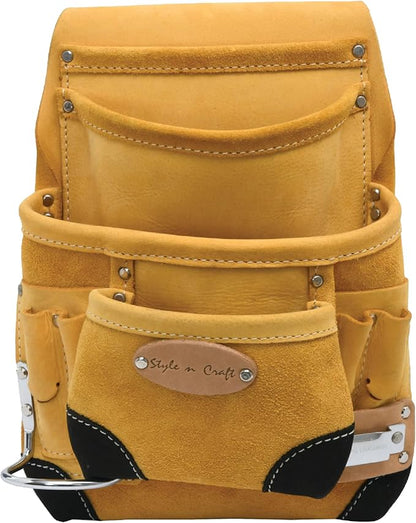Style n Craft 10-Pocket Carpenter’s Nail & Tool Pouch with Tape Clip, Heavy-Duty Leather Tool Pouch, Perfect and Durable Full-Grain Leather Pouch, Yellow with Black Leather Corners (93924)