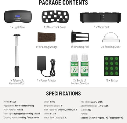 NEEWER Basics Hydroponics Growing System Kit with LED Plant Light/3 Growing Modes/12 Pods/Timer/LCD/Smart Quiet Pump, Touch Light Planter for Herb Garden Vegetables Flowers Indoor Gardening, HGS01