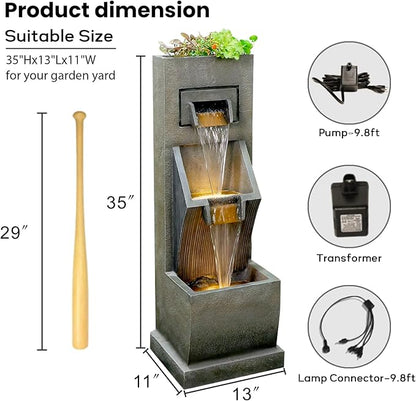 35" H 3-Tier Indoor/Outdoor Modern Water Fountain with LED Lights and Pump, Outdoor Freestanding Cascading Waterfall - Suitable for Garden, Patio, Porch, Yard and Outdoor Decor (Brown)