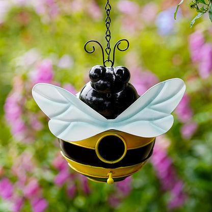Honeybee Theme Bird House - Decorative Outdoor Metal Birdhouse for Garden, Yard, or Patio - Rust-Resistant & Weatherproof Bee Design with Hanging Chain - Attracts Finches, Sparrows 7.67”x5.11”x2.55”