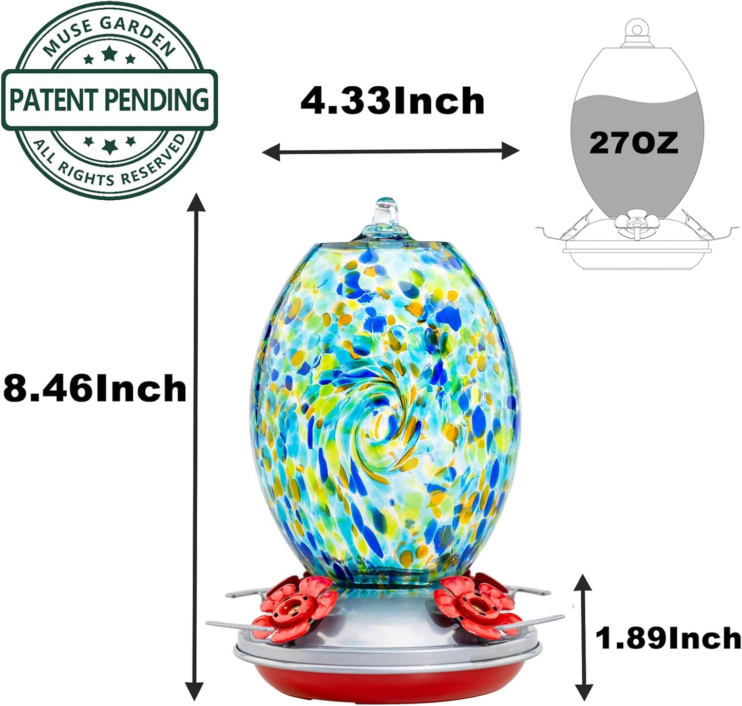 Muse Garden Glass Humming Bird Feeders for Outdoors - 27OZ Blown Glass Hummingbird Feeder - Unique Gift for Mom Gardeners Women, Outdoors Hanging Garden Decor, Includes Ant Moat & Brush, Starry Night