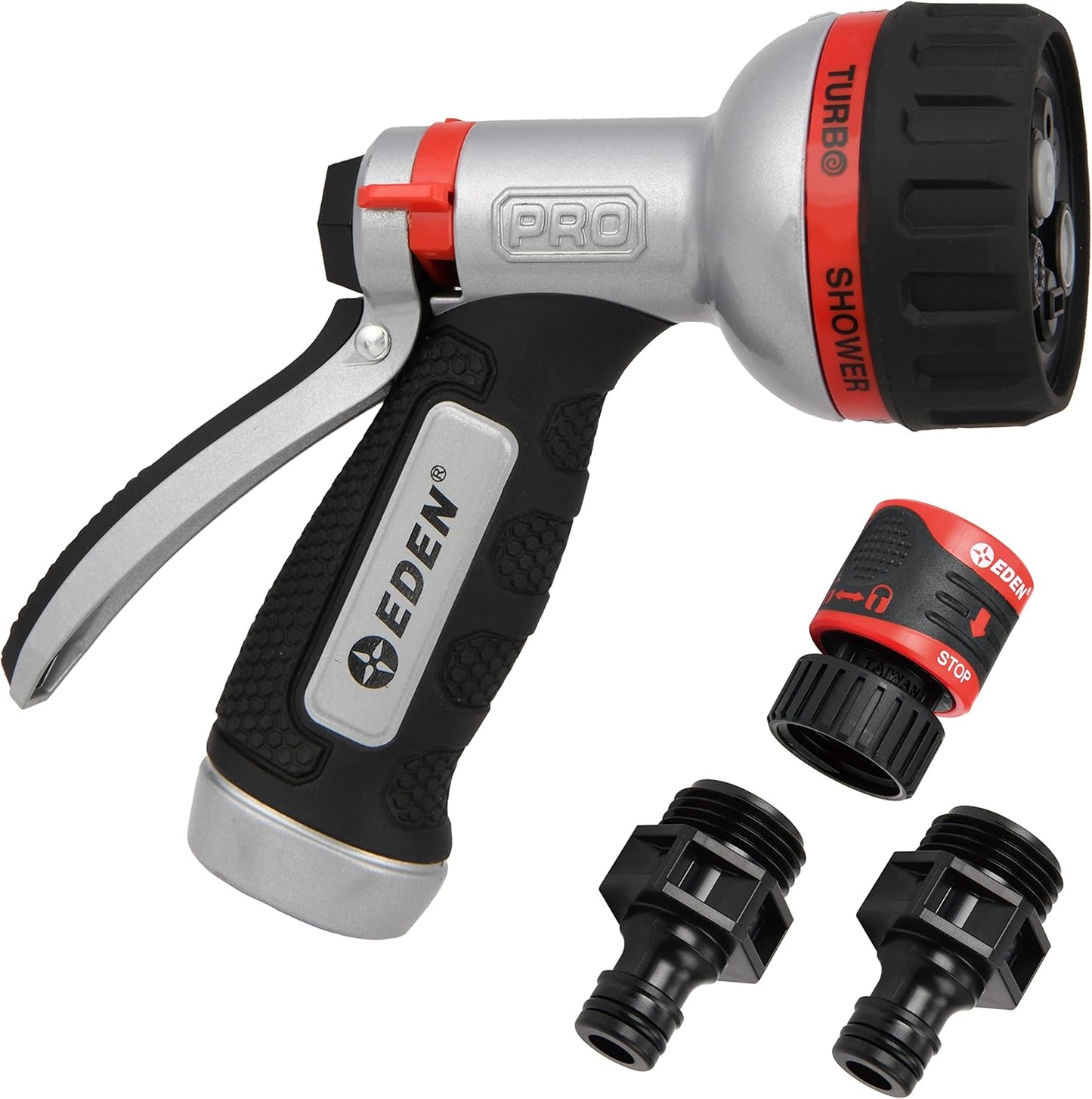Eden PRO 94830 Metal Rear Trigger 6-Pattern Turbo Nozzle, Heavy Duty Hose Sprayer for Garden, Plants, Lawns, Quick Connect Set Included