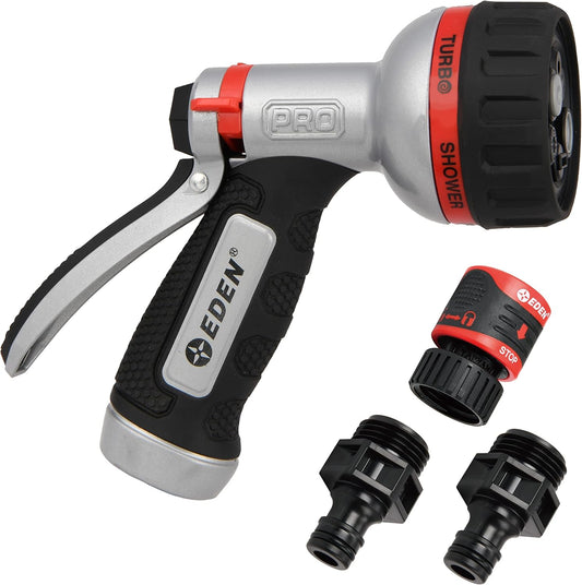Eden PRO 94830 Metal Rear Trigger 6-Pattern Turbo Nozzle, Heavy Duty Hose Sprayer for Garden, Plants, Lawns, Quick Connect Set Included