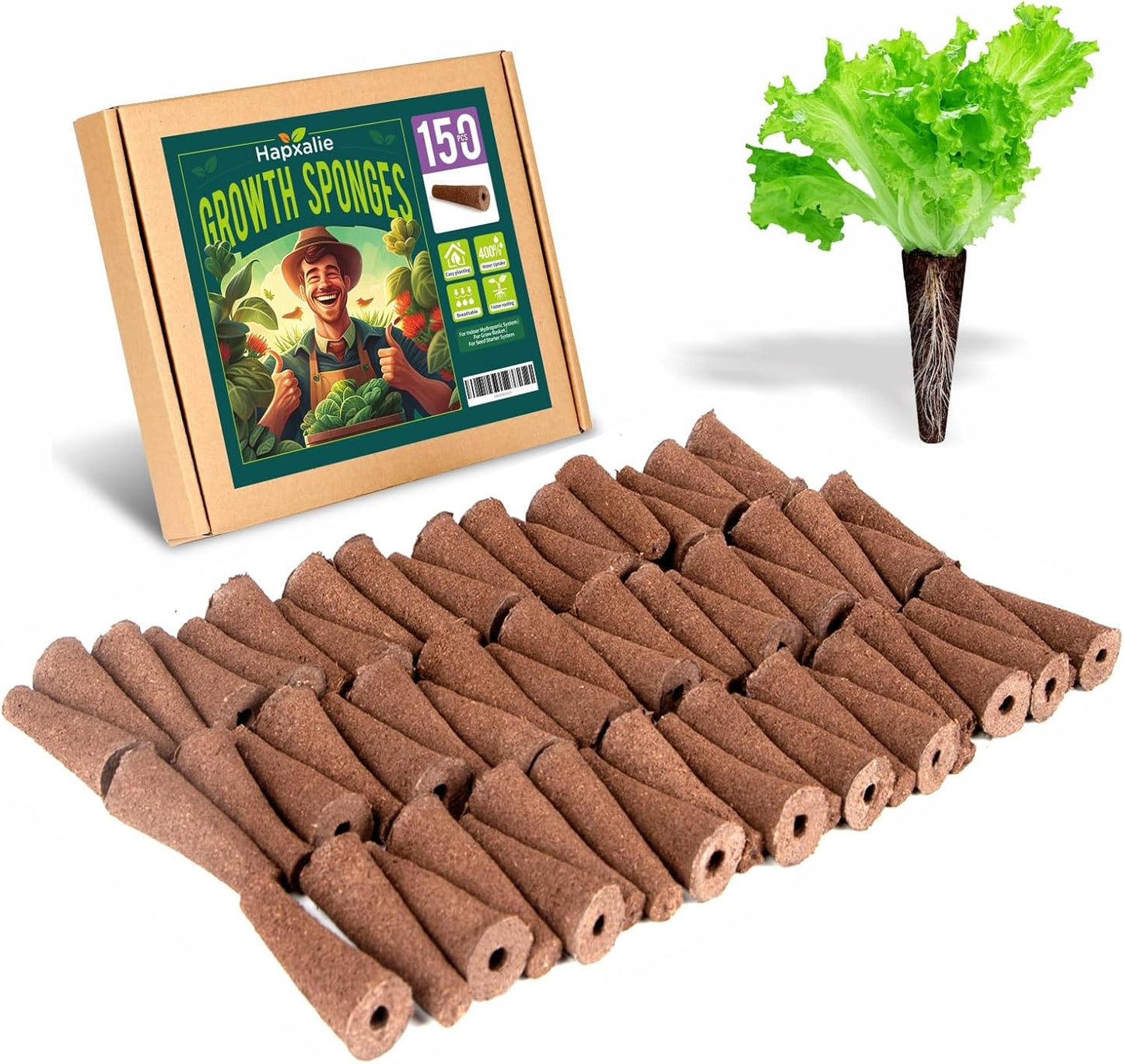 150 Pack Grow Sponges for Hydroponics, Replacement Root Growth Sponges Compatible with AeroGarden, Seed Starter Pods for Hydroponic Indoor Garden System (Cone)