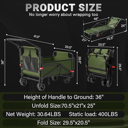 LEVELEVE Heavy Duty Folding Wagon - 2-in-1 Collapsible Cart, 400lb Capacity, All-Terrain Wheels w/Brakes & Side Pockets (Army Green)