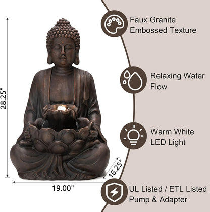 Glitzhome Buddha Fountain with Pump & LED Light, 2 Tier Zen Style Meditating Buddha Water Fountain Outdoor Fountains and Waterfalls Outdoor Buddha Statues for Garden Patio Backyard 28" H