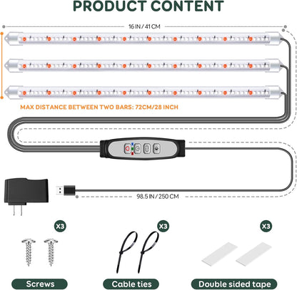 Tri-Bars Grow Light Strips for Indoor Plants with Auto ON/Off Timer 6/12/18H, 5 Dimmable Levels for Shelves Plant Growing(Pack 1)