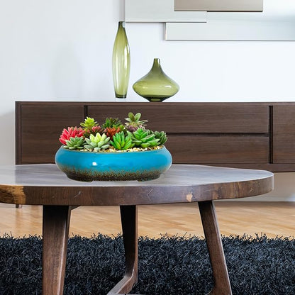 Succulent Pots - 11.5 Inch Ceramic Bonsai Pots with Drainage, Large Shallow Succulent Planters for Indoor Outdoor Plants, Round Glazed Cactus Flower Plant Container Bowl Home Desk Decor(Blue)