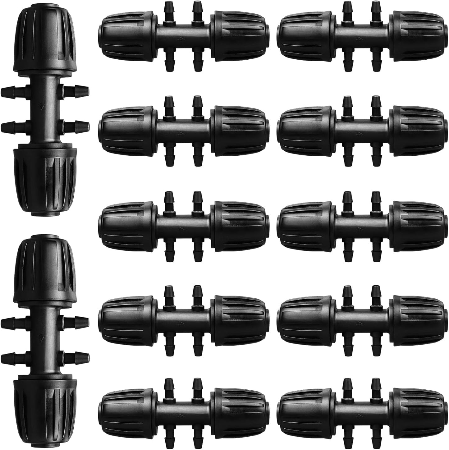 Drip Irrigation Fittings for 1/2 Inch to 1/4 Inch Tubing Reducing Tee：1/2" (1/2" ID x 0.65" OD) to 1/4" Anti-Drop Locked Nut Barbed Reducer 6 Way Tee Connectors (12 Pack)