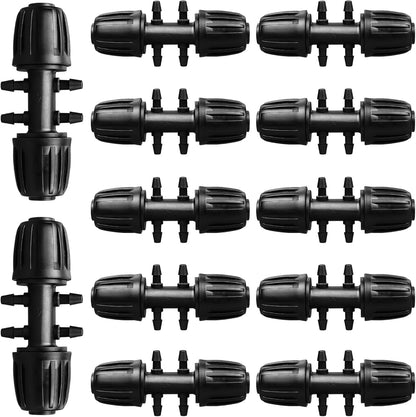 Drip Irrigation Fittings for 1/2 Inch to 1/4 Inch Tubing Reducing Tee：1/2" (1/2" ID x 0.65" OD) to 1/4" Anti-Drop Locked Nut Barbed Reducer 6 Way Tee Connectors (12 Pack)