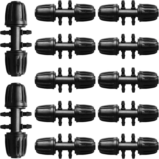 Drip Irrigation Fittings for 1/2 Inch to 1/4 Inch Tubing Reducing Tee：1/2" (1/2" ID x 0.65" OD) to 1/4" Anti-Drop Locked Nut Barbed Reducer 6 Way Tee Connectors (12 Pack)
