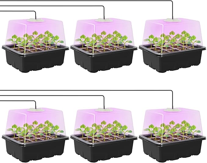 MIXC Seed Starter Kit with Grow Light, Elevated Seedling Tray Kit with Adjustable Humidity Dome and Clear Cell Tray, 12 Full Spectrum Led Beads for Seed Starting Greenhouse, 6 Pack, Black