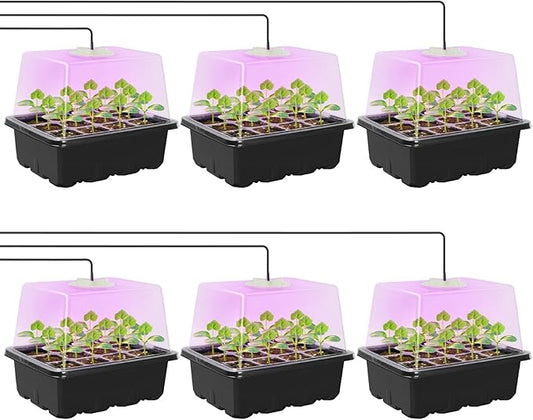 MIXC Seed Starter Kit with Grow Light, Elevated Seedling Tray Kit with Adjustable Humidity Dome and Clear Cell Tray, 12 Full Spectrum Led Beads for Seed Starting Greenhouse, 6 Pack, Black