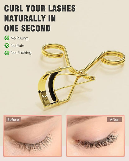 Eyelash Curler with Comb, Professional Volumizing Lash Lift Kit Lash Curler with Refill Pads for Home & Travel Uses, Gold