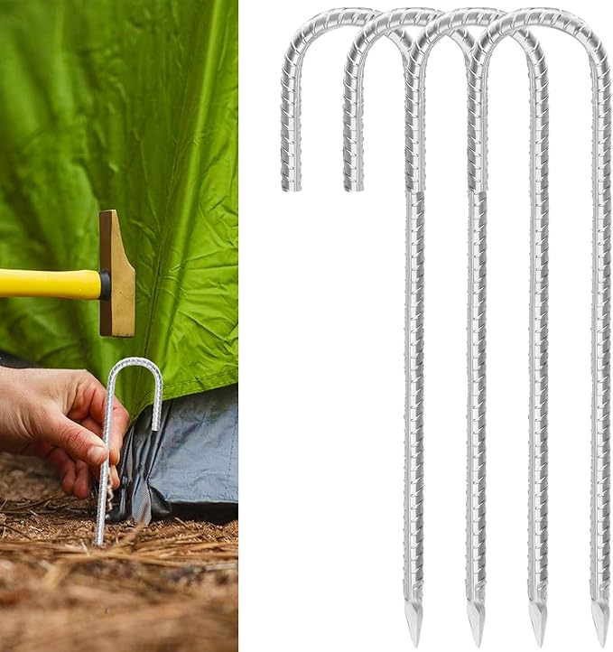 Rebar Stakes 16inx10mm Galvanized J Hook 4pcs – Heavy Duty Ground Tent Stakes for Fence,Bounce House,Outdoor Plants,Artificial Turf,Dog Coop,Metal Stakes for Christmas Decorations