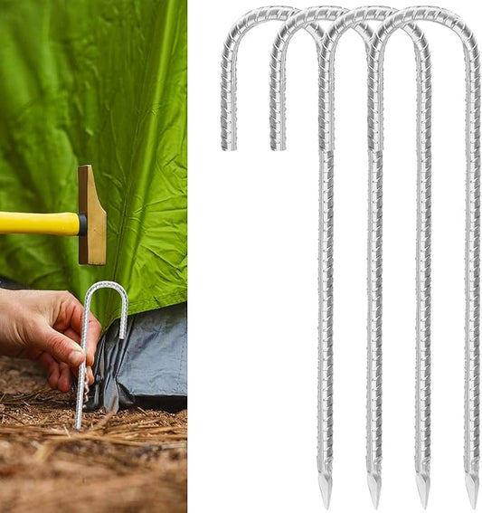 Rebar Stakes 12inx6mm Galvanized J Hook 4pcs – Heavy Duty Ground Tent Stakes for Fence,Bounce House,Outdoor Plants,Artificial Turf,Dog Coop,Metal Stakes for Christmas Decorations