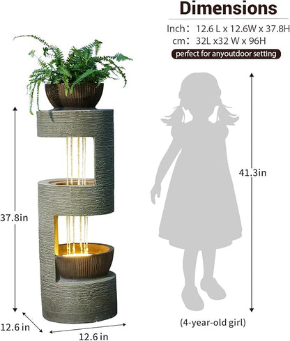 37.8" Outdoor Fountain with Waterfall & LED Lights, Freestanding Garden Water Fountain for Patio/Backyard, Resin Tiered Fountain with Pump