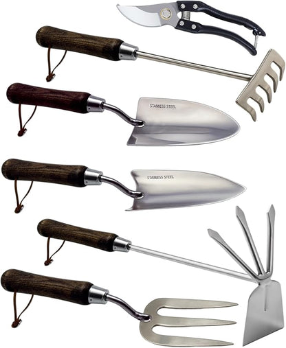 Garden Tool Set, 6PCS Heavy Duty Stainless Steel Gardening Hand Tools with Ropes, Including Trowel, Transplanter, 2-in-1 Hoe, Hand Fork, Hand Rake and Pruner, Ideal Gardening Gift for Man and Woman