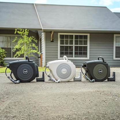 Vego Garden Hose Reel Retractable Hi-Flow Wall Mounted Hose Reel Automatic Rewind, Any Length Lock with 9 Patterns Sprayer Nozzle, Quick Connector and Adjustable shot Nozzle (Cloud White, 82ft)