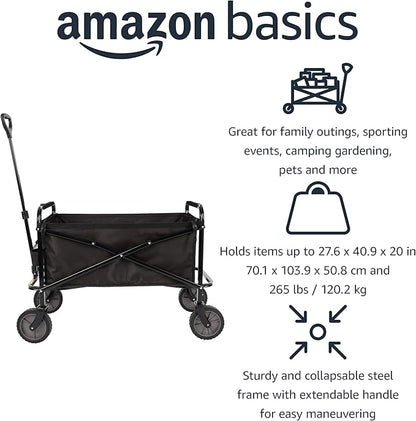 Amazon Basics Collapsible Folding Heavy Duty Utility Wagon for Outdoor Sports, 265 pounds Weight Capacity, Camping, Garden, and Shopping, 27.6 x 40.9 x 20 inches, Black