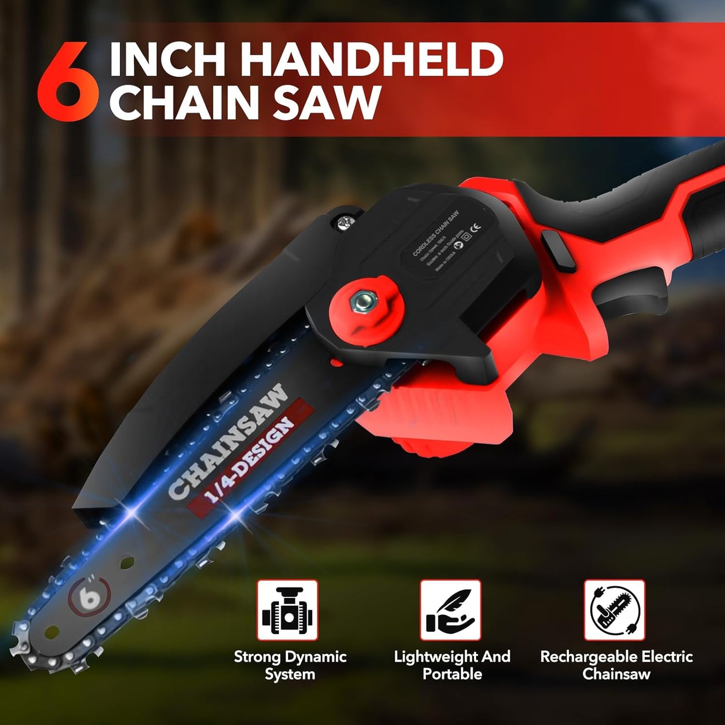 Mini Chainsaw Cordless Portable 6 Inch Handheld Chain Saw with Security Lock Small Electric Chainsaw with 2 Rechargeable Batteries for Wood Cutting Tree Trimming Gardening Camping
