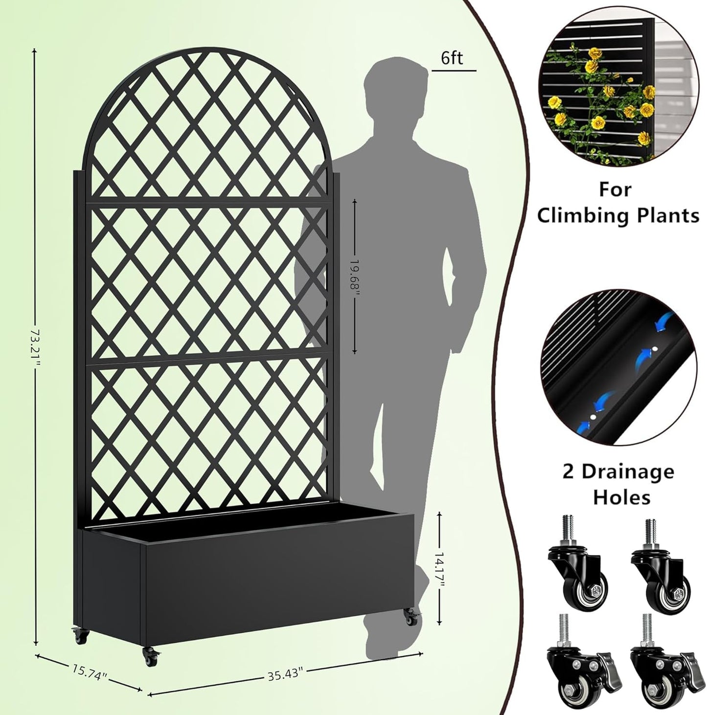 Metal Planter Box with Trellis and Wheels, 73"x35"x16" Galvanized Steel Raised Garden Bed with Drainage Holes and Privacy Screen Function for Climbing Plants, Vegetables, Flowers, and Vines–Black