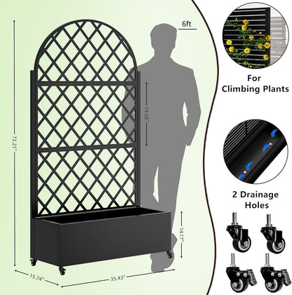 Metal Planter Box with Trellis and Wheels, 73"x35"x16" Galvanized Steel Raised Garden Bed with Drainage Holes and Privacy Screen Function for Climbing Plants, Vegetables, Flowers, and Vines–Black