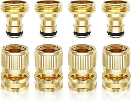 Garden Hose Quick Connector 3/4 Inch GHT, Solid Brass No-Leak Kit (4 Sets: 4 Male + 4 Female) - Quick Connect Fittings for Water Hose