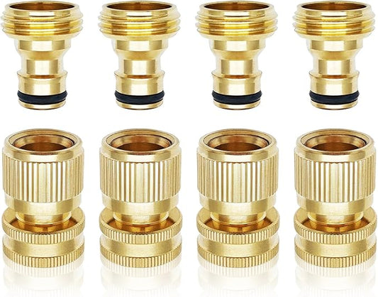 Garden Hose Quick Connector 3/4 Inch GHT, Solid Brass No-Leak Kit (4 Sets: 4 Male + 4 Female) - Quick Connect Fittings for Water Hose