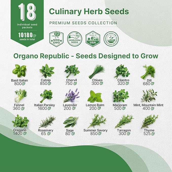 Organo Republic 18 Culinary Herbs Seeds Variety Pack - 10,180+ Heirloom, Non-GMO, Herbs Seeds for Outdoor and Indoor Home Gardening, Including Rosemary, Thyme, Oregano, Mint, Basil, Parsley