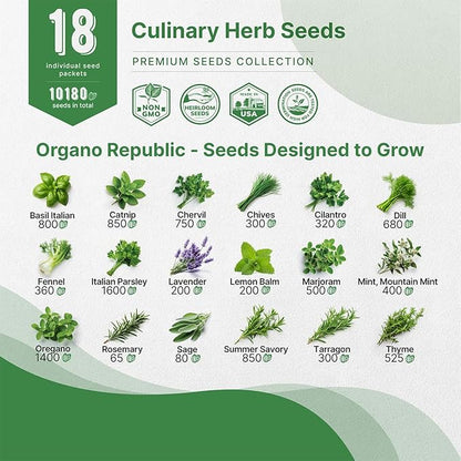 Organo Republic 18 Culinary Herbs Seeds Variety Pack - 10,180+ Heirloom, Non-GMO, Herbs Seeds for Outdoor and Indoor Home Gardening, Including Rosemary, Thyme, Oregano, Mint, Basil, Parsley