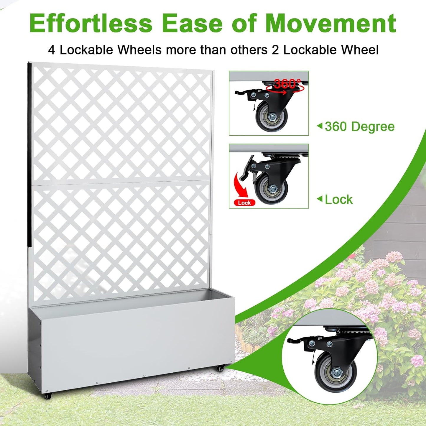 GarveeLife Metal Planter Box with Trellis, 73"x47"x12" Raised Garden Bed with Trellis & Wheels, Outdoor Garden Box with Privacy Screen & Drainage Holes for Climbing Plants Flower Vegetable, White