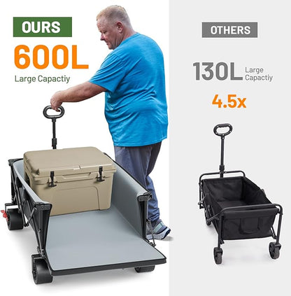 TIMBER RIDGE 600L Beast Wagon 26" W Extra Wide All Terrain Folding w/Big Wheels, Cargo Net & Tailgate, 26" W and 55.25" L, Capacity and 400lbs Heavy Duty Collapsible Portable Cart, Grey