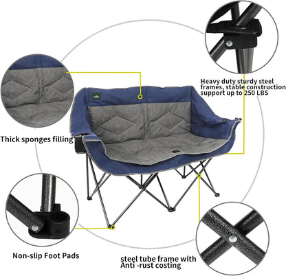 Northroad Folding Loveseat Camping Chair Portable Double Duo Full Padded Garden Chair for 2 Person Sofa w/2 Cup Holder,Wine Glass Holder,Support 600lbs for Picnic Beach Travel (Blue)