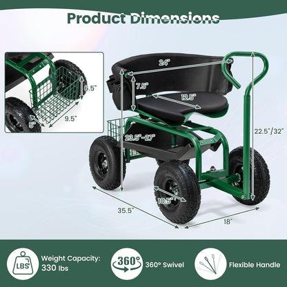ERGOMASTER Rolling Garden Seat with Wheels, Adjustable 360° Swivel Workseat and Storage Basket, Extendable Handle, Outdoor Gardening Wagon Scooter, Green